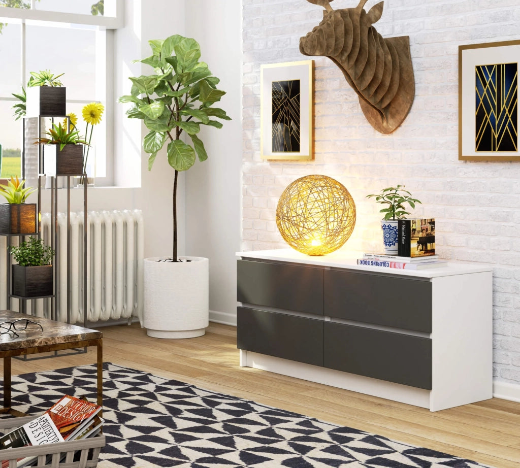 Cassettiera AKORD K120 Bianca 120 cm 4 cassetti inserto frontale Grigio Grafite 120x40x55 cm