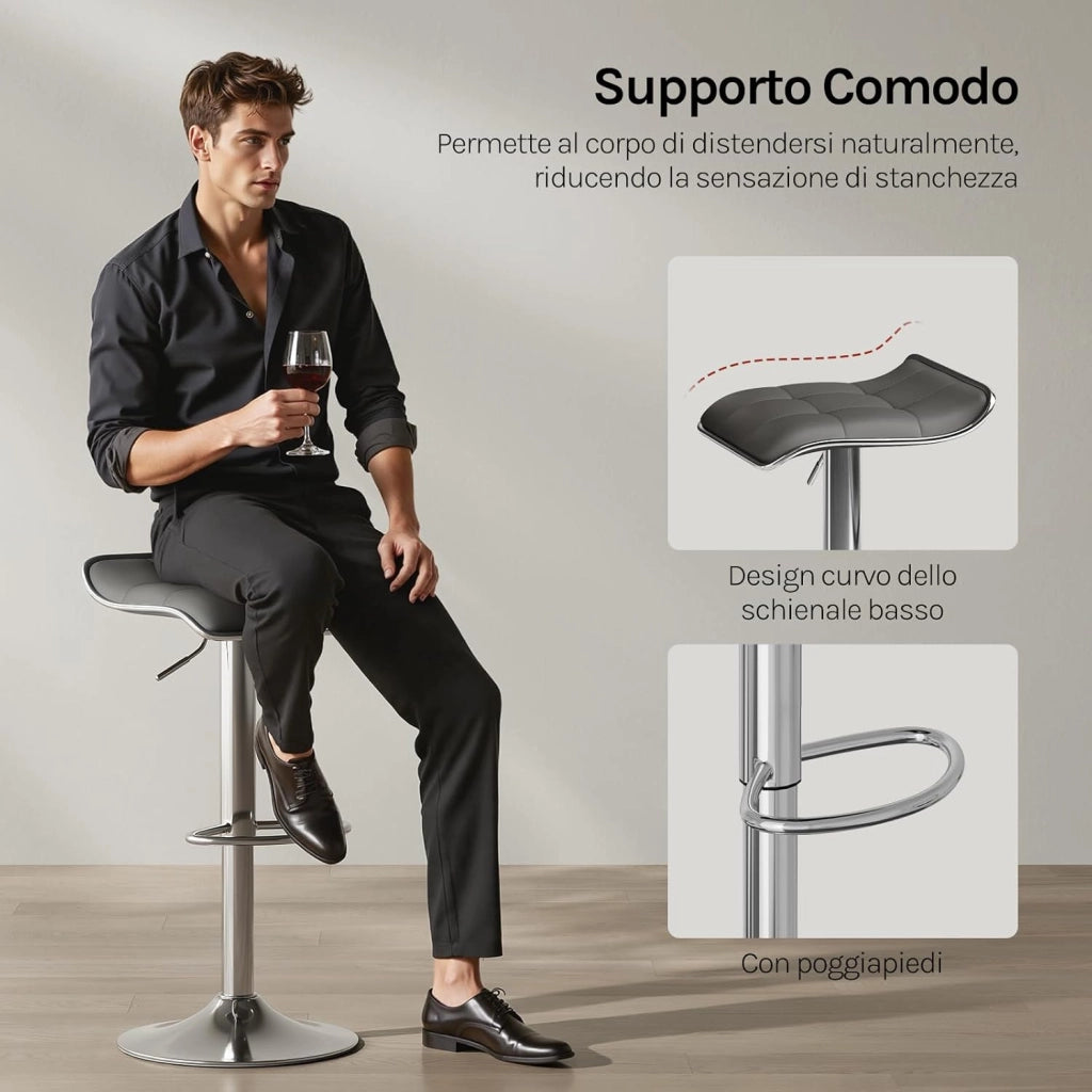 Sgabelli da Cucina Set di 2, Sgabelli da Bar, Altezza Regolabile, Girevoli a 360°, PU, Struttura in Metallo, Soggiorno, Bar, Caffè, Grigio