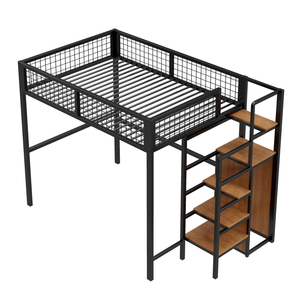 Hochbett 140x200 cm con scala e armadio integrato; struttura in metallo nero