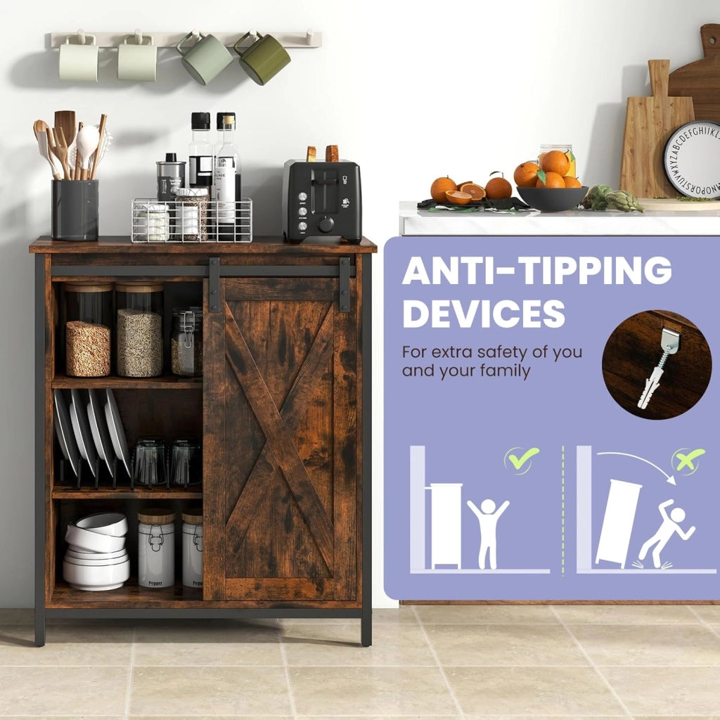 Credenza da Cucina, Mobile Buffet con Porta Scorrente in Stile Granaio, Armadio da Pranzo con 6 Scompartimenti e Ripiani Regolabili a 3 Livelli, Mobile Industriale, 70 x 30 x 81 cm