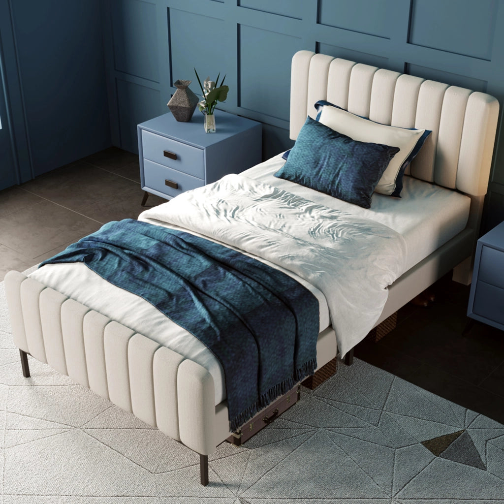 LETTO Singolo 90x200 cm in lino grigio-beige con testiera regolabile e rete a doghe