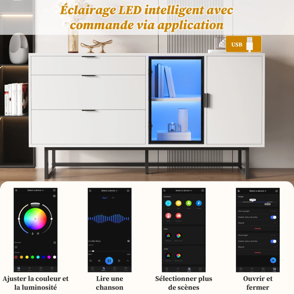 Credenza con 3 cassetti e vetrina LED - per soggiorno - 160x36x78 cm - bianco
