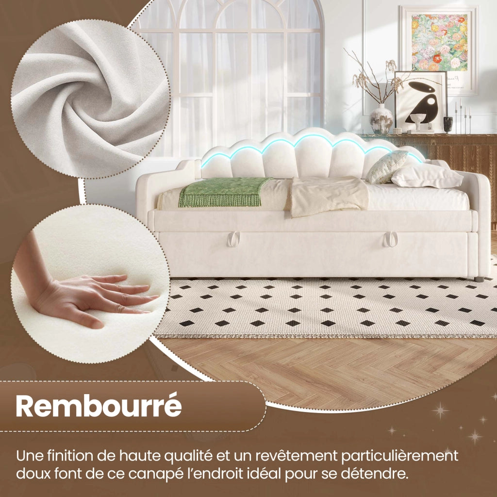 OKWISH Letto Divano 90×200 cm, Letto Singolo con Contenitore, LED Multicolore e Testiera Ondulata, senza Materasso, in Velluto, Beige