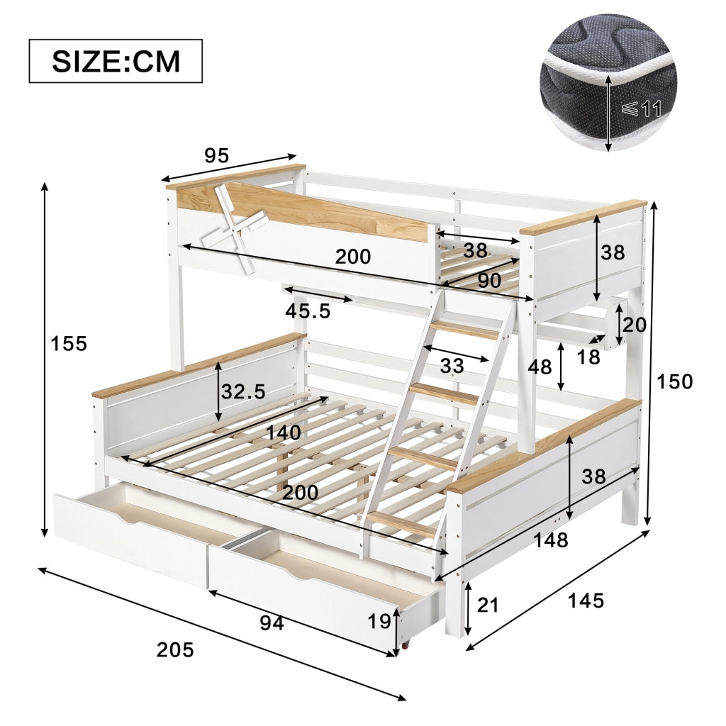 Letto a Castello 90x200 cm e 140x200 cm con Regali; Scala Obliqua; Cassetti