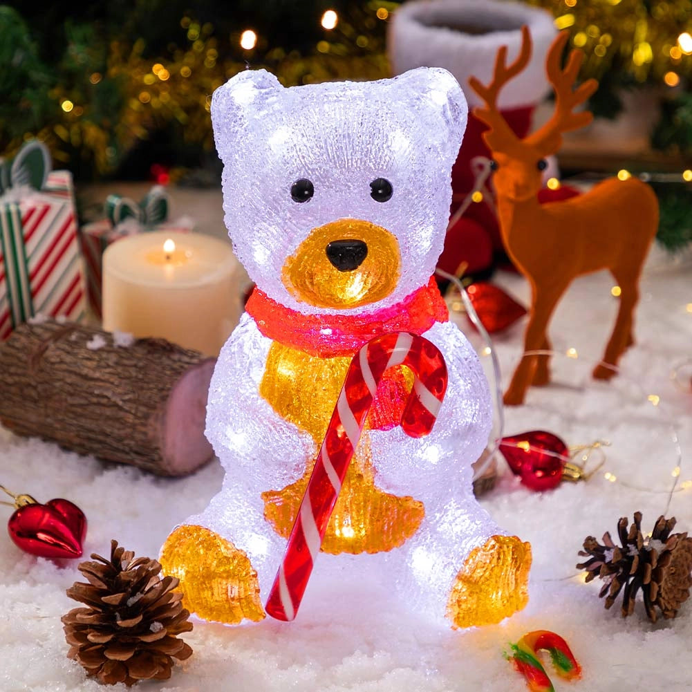 Orsetto Orso Seduto Natalizio Acrilico 30 Led Bianco Decorazione Luminosa Interno Esterno