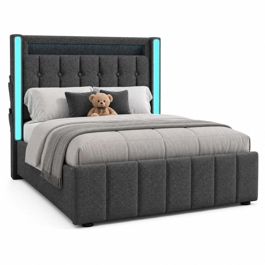 Letto singolo 90x200 cm con USB Type-C; LED e 2 cassetti; lino grigio