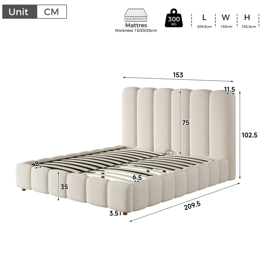 Letto matrimoniale imbottito con contenitore idraulico 140 x 190 cm in velluto beige