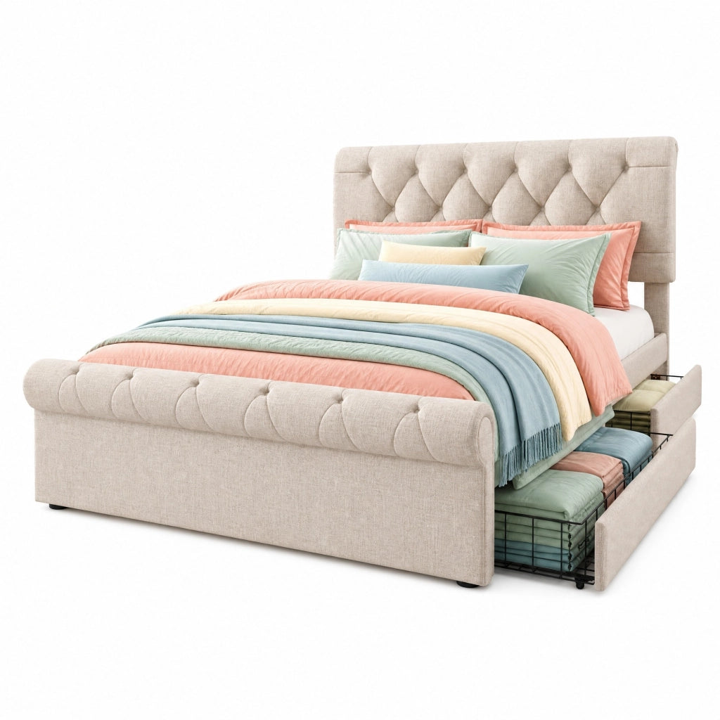 Letto matrimoniale imbottito 140x200 cm con 4 cassetti; testiera regolabile; naturale; con materasso