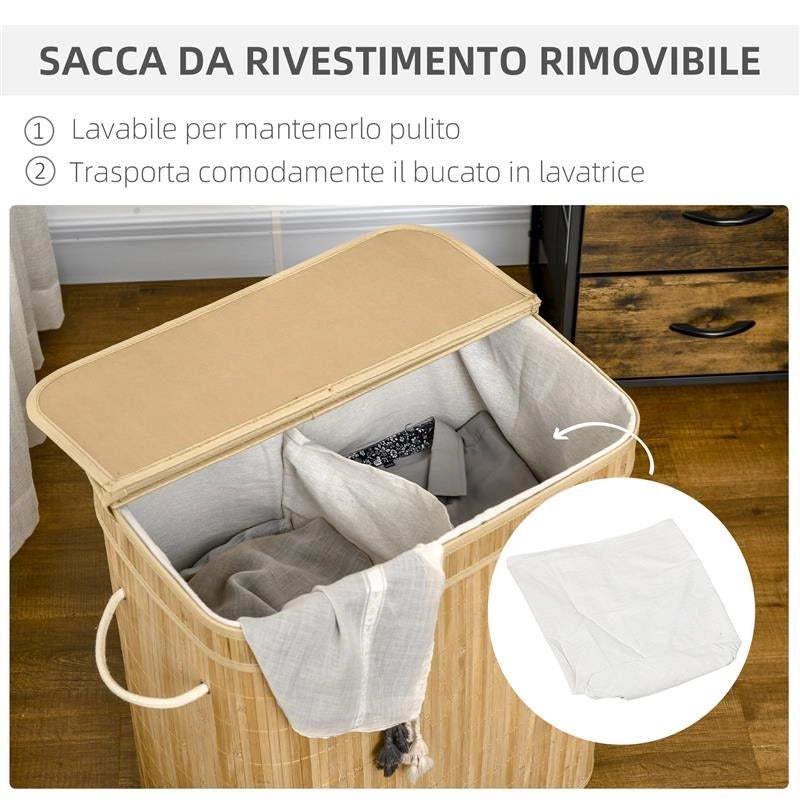 CESTO PORTABIANCHERIA DA 90L PIEGHEVOLE CON 2 SCOMPARTI COPERCHIO E MANICI IN BAMBÙ