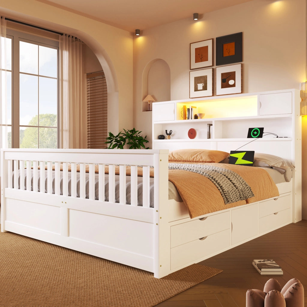 Letto con contenitore 160x200 cm con LED, 4 cassetti, scaffali e USB, bianco