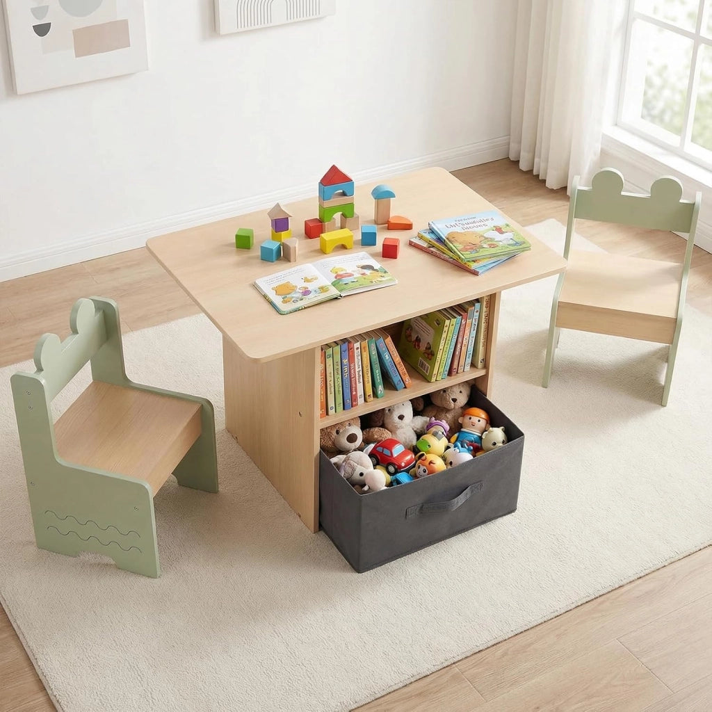 Set di Tavolo e 2 Sedie per Bambini 3+ Anni, Tavolo e 2 Sedie in Legno con Scomparti Doppio Lato e Cassetto Pieghevole in Tessuto, Ideale per Leggere, Giocare per Cameretta Bambini (Verde)
