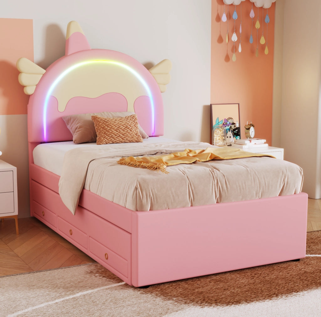 Letto per bambini 90x200 cm; con letto estraibile; PU; rosa