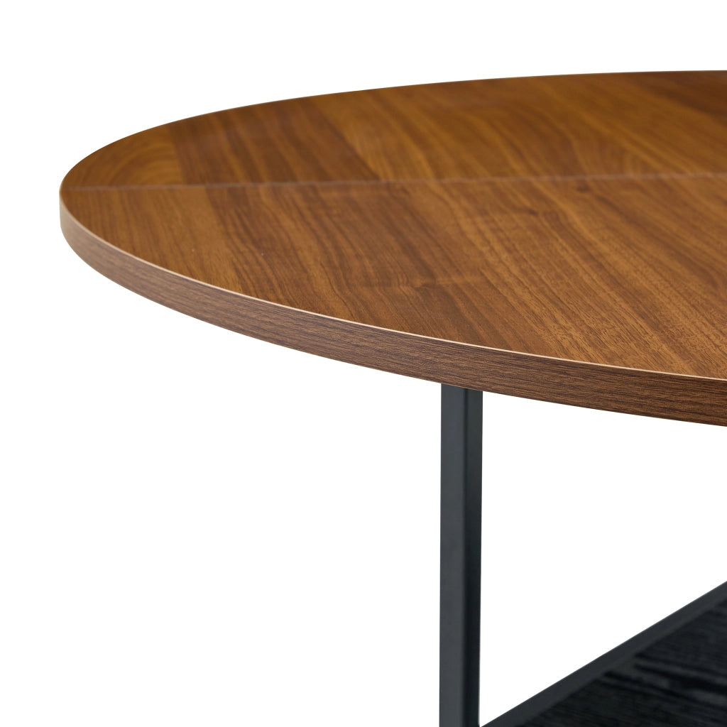 Tavolo da pranzo rotondo con doppio ripiano, 2-4 posti, in MDF effetto noce e metallo nero, per soggiorno, 107 cm