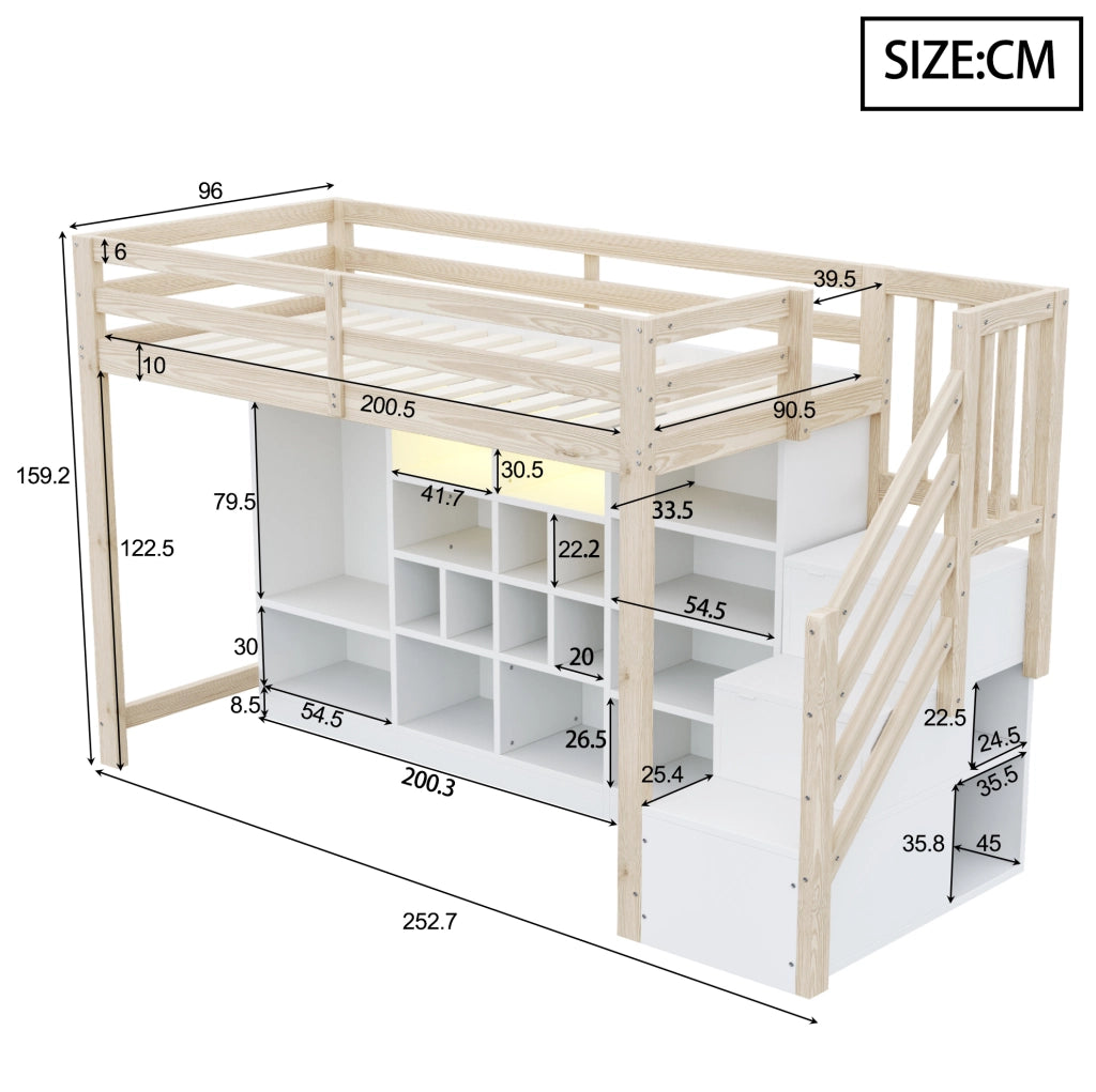 Hochbett 90x200 cm in legno con contenitore; LED integrata e scala laterale; bianco e naturale