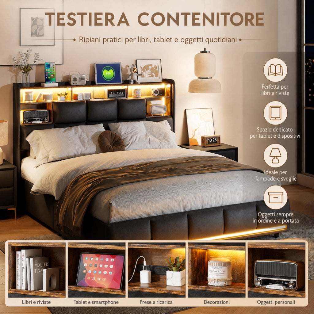 Letto matrimoniale con contenitore idraulico, testiera con vani, LED RGB, pelle sintetica nera, 140x190 cm, con porte USB e presa di corrente