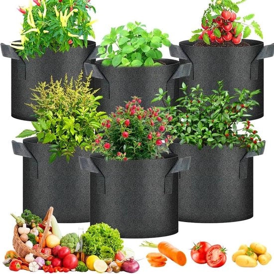 Sacche per piante 12L con maniglie in non tessuto per coltivare patate carote fragole pomodori fiori neri 5 galloni - Pacchetto da 6