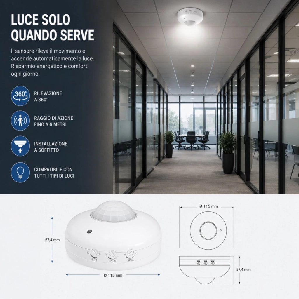 Sensore di Movimento PIR 360° da Soffitto, IP20, Regolazione TIME SENS LUX