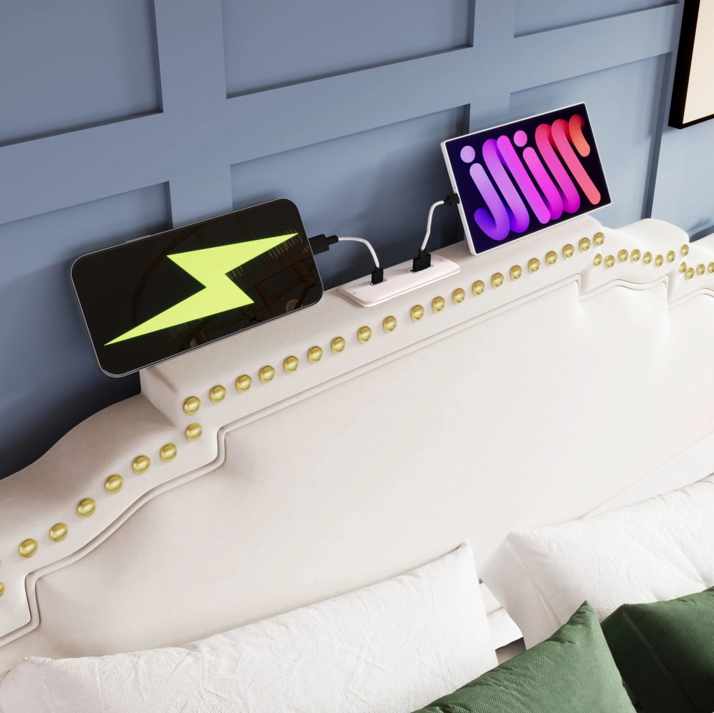 Letto matrimoniale beige 160x200 in velluto con LED, USB-C e 4 cassetti