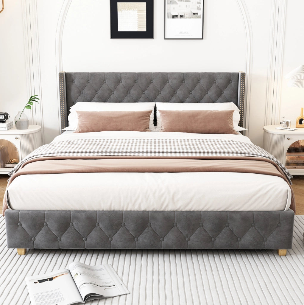 Letto imbottito 140x190 cm capitonn茅 con testiera; velluto grigio (Senza materasso)
