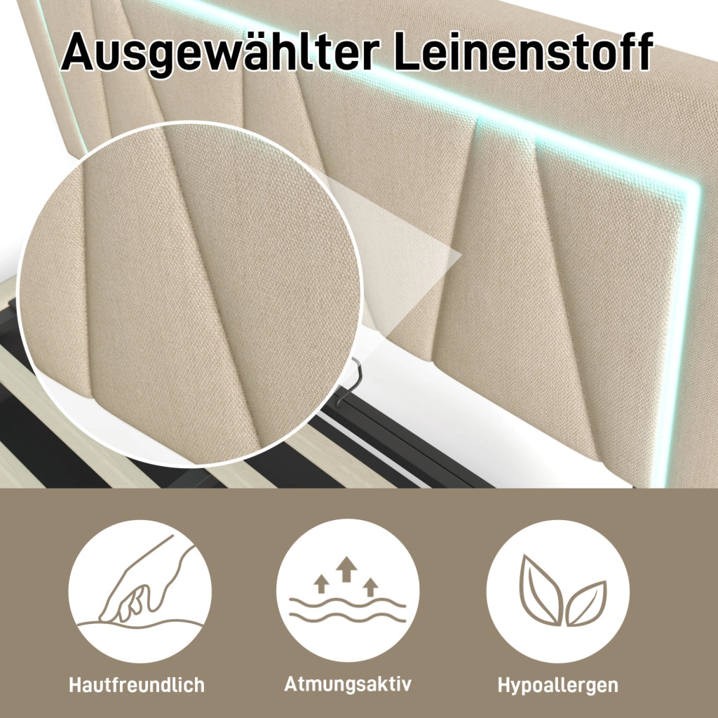 Letto matrimoniale 140x200 beige con LED, USB-C e contenitore