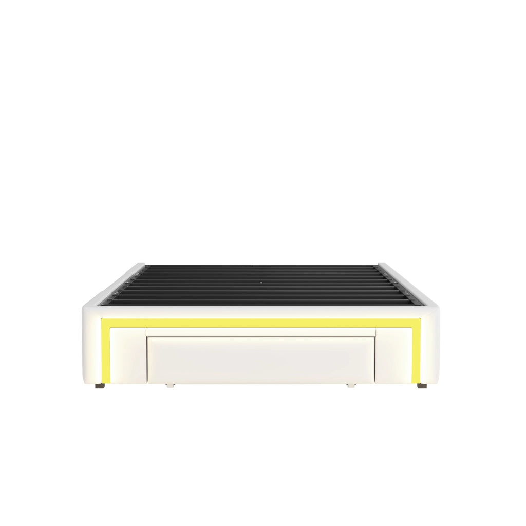 Letto imbottito 90x200 cm in PU con cassetti, LED RGB, struttura in metallo, bianco