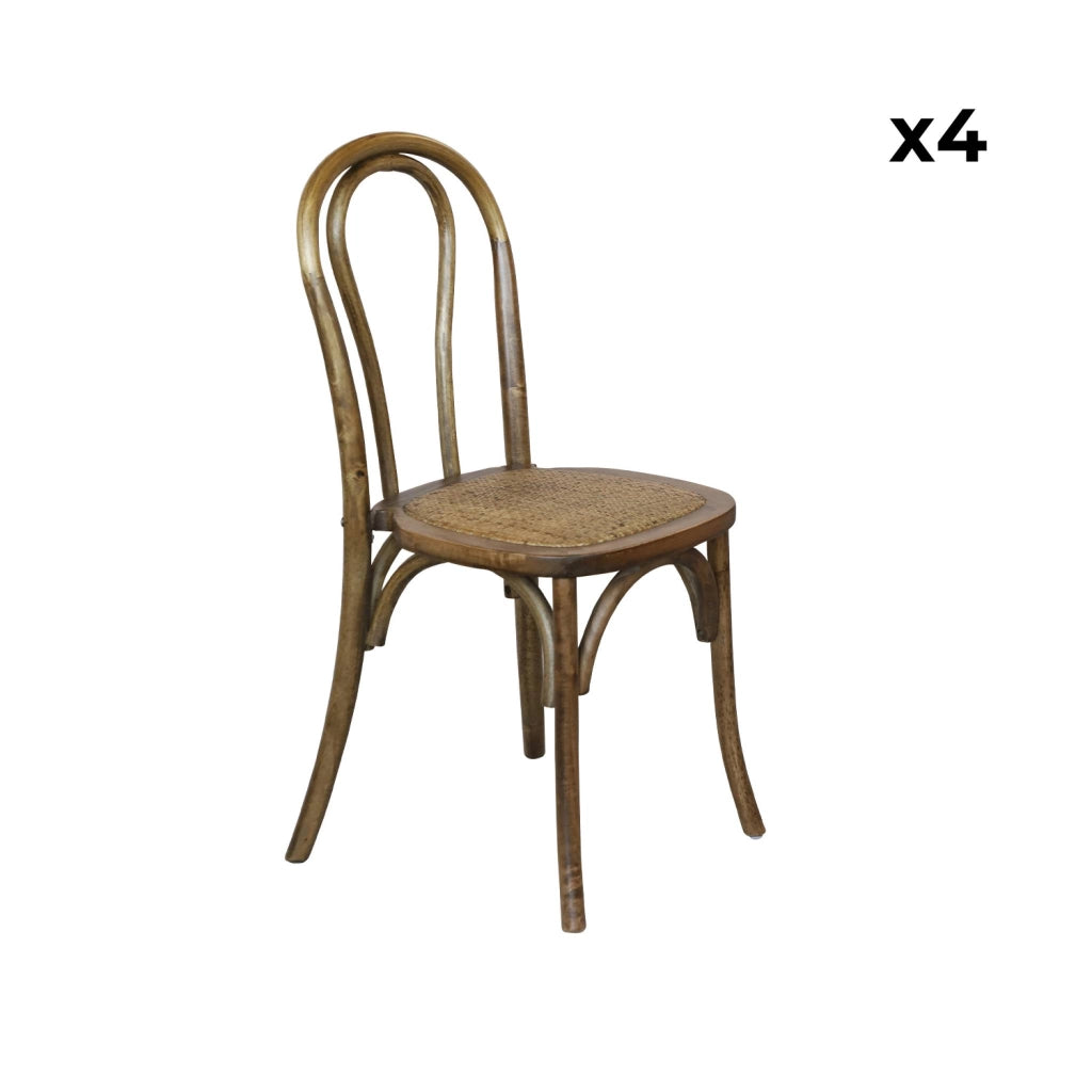 Set di 4 sedie vintage in legno e rattan, marrone