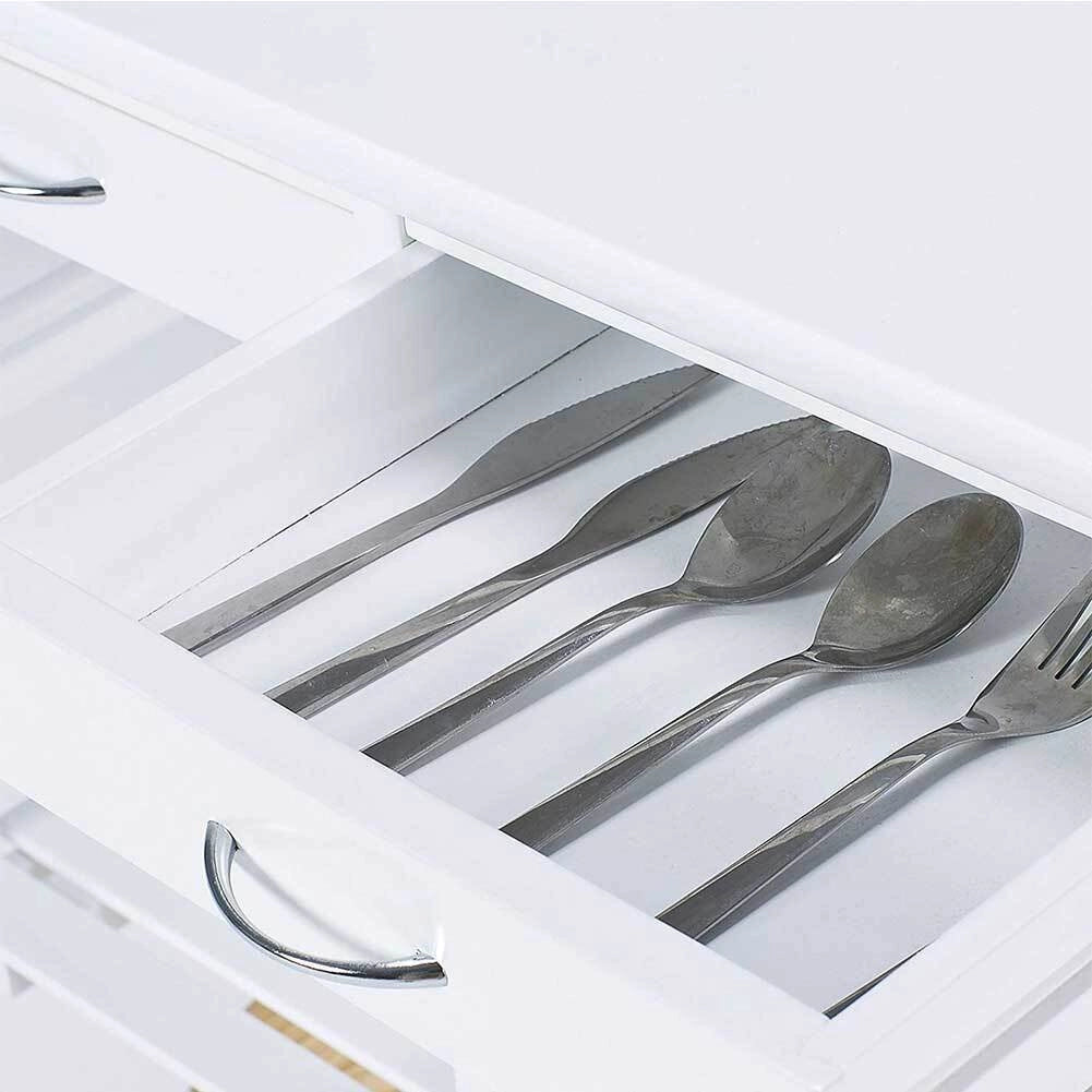 Carrello Cucina Legno 2 Cassetti Portaposate Portabottiglie 5 Scomparti Bianco