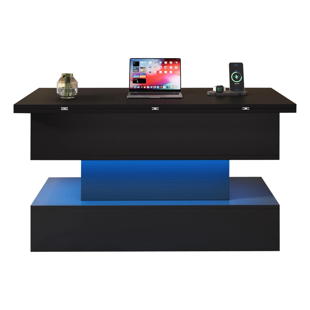 Tavolino da salotto alzabile 100x50x51,5 cm nero con LED, presa laterale, ricarica USB, vano contenitore e piano regolabile