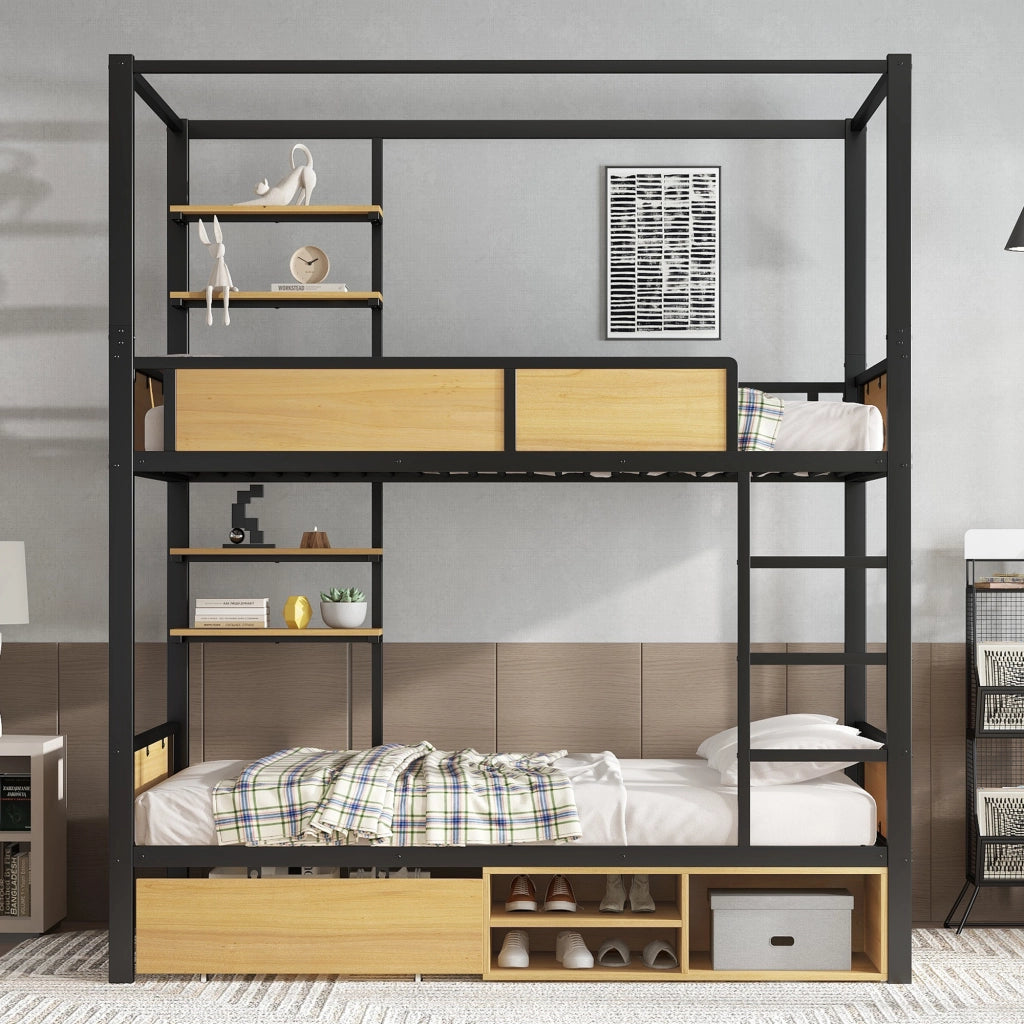 OKWISH Letto a castello 90×200 cm, Letto Singolo con 2 Ripiani Laterali, 2 Cassetti e Vano Contenitore, senza Materasso, MDF e Metallo, Nero e Naturale