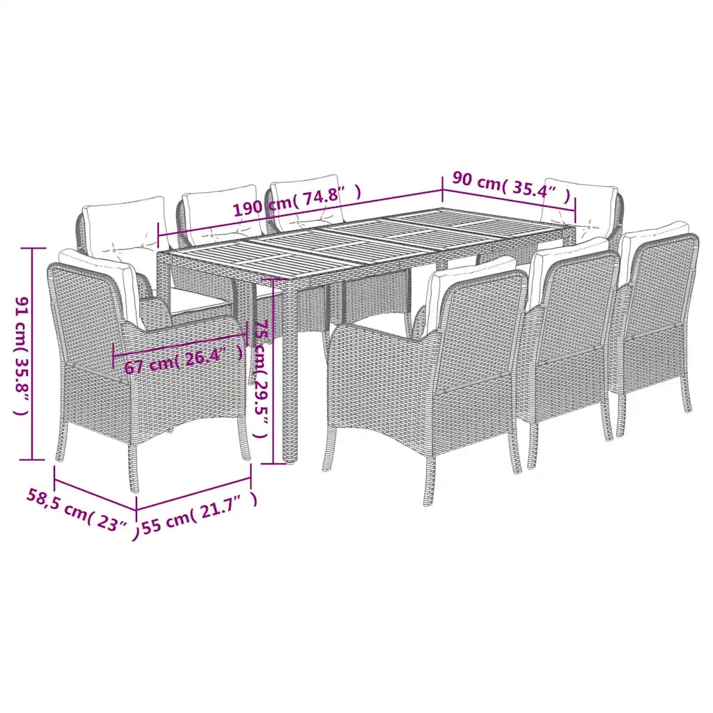 Set da Pranzo da Giardino 9 pz con Cuscini Nero in Polyrattan