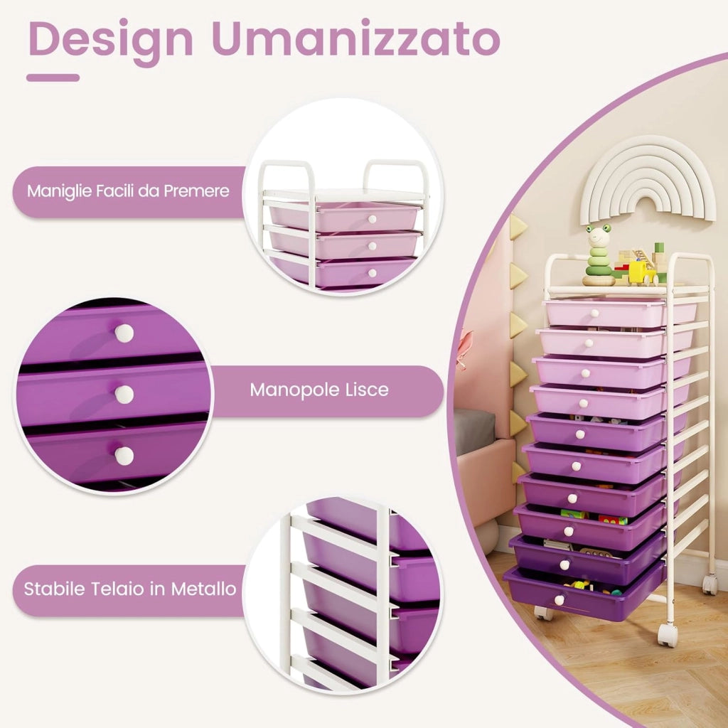 Carrello con 10 Cassetti da Stoccaggio, Cassettiera di Metallo e Plastica, Contenitore Multiuso con Ruote a Freno, per Casa e Ufficio (Viola)