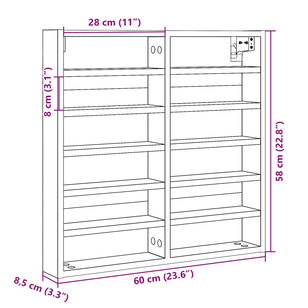 vidaXL Armadietto con Vetrina Bianco 60x8,5x58 cm Legno Multistrato