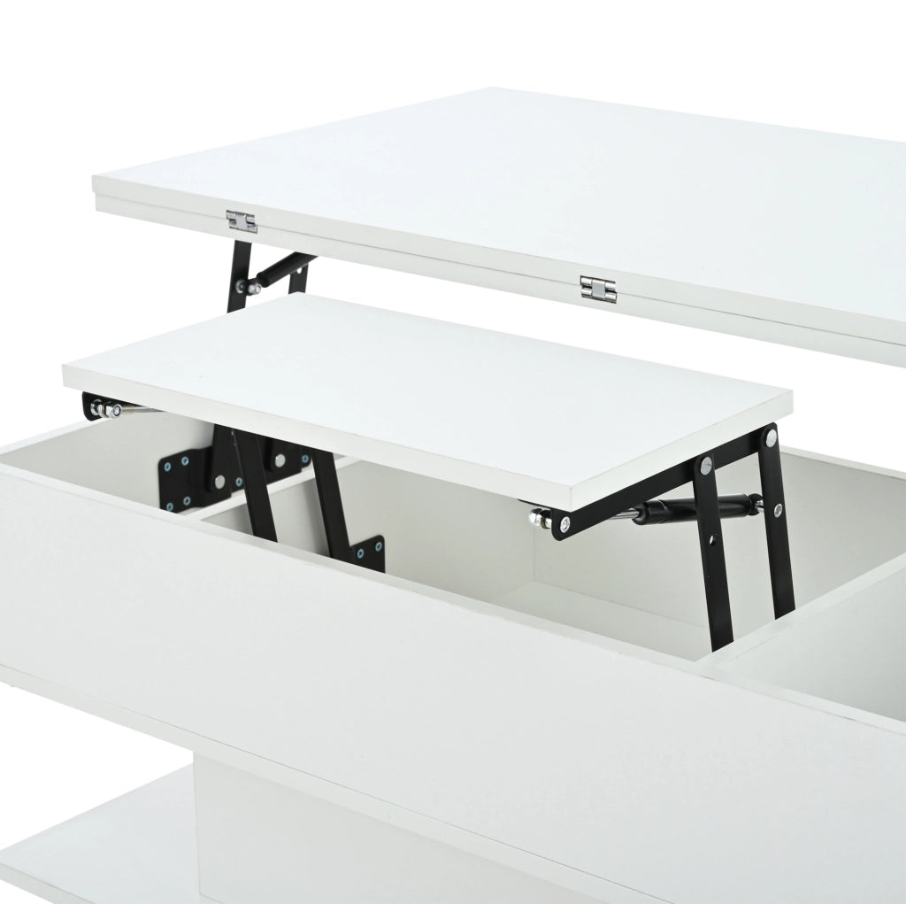 Tavolino da caffè 100x50x51.5 cm con piano sollevabile; vano contenitore e LED; truciolare bianco