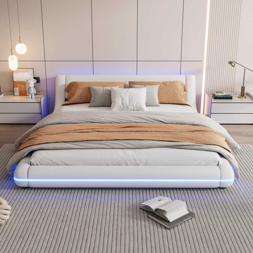 LETTO a pavimento 160x200 cm in PU bianco con illuminazione LED