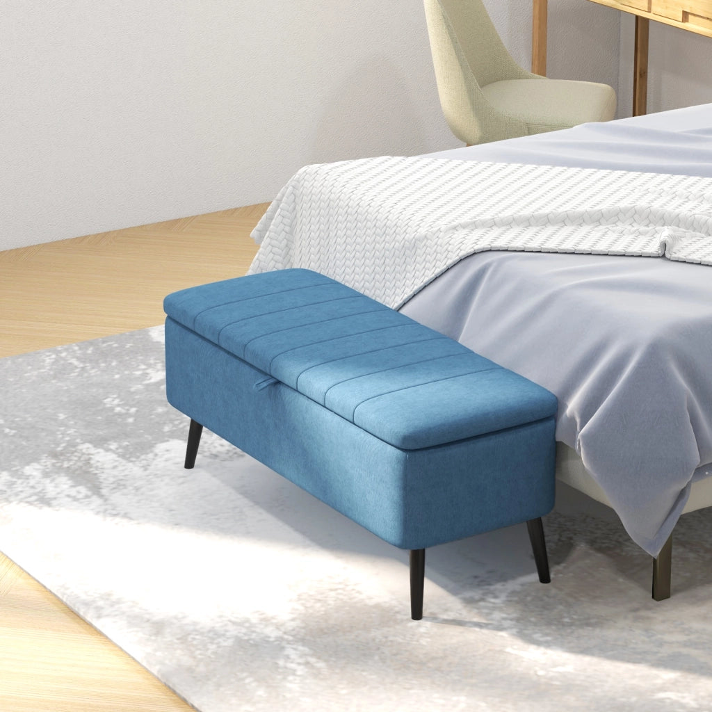 Panca Contenitore 102x40x44 cm Poggiapiedi Imbottito in Tessuto Effetto Lino Blu Scuro