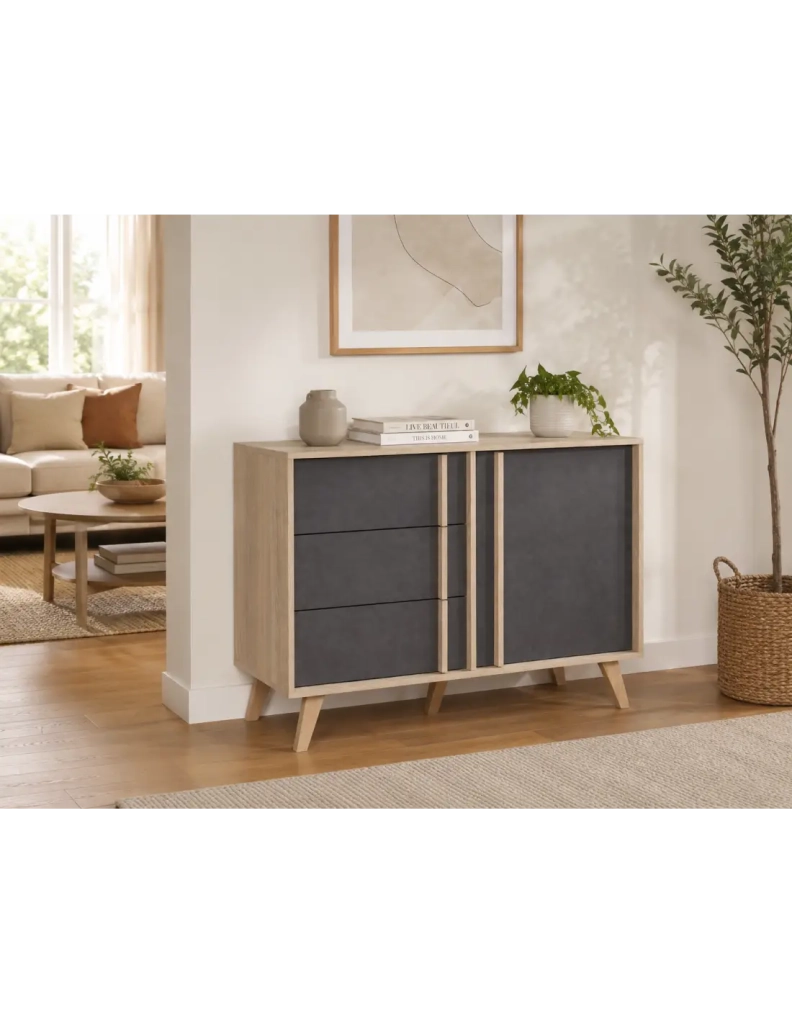 Sala da pranzo completa MALMO con tavolo allungabile 6 posti e buffet alto - Rovere chiaro e grigio