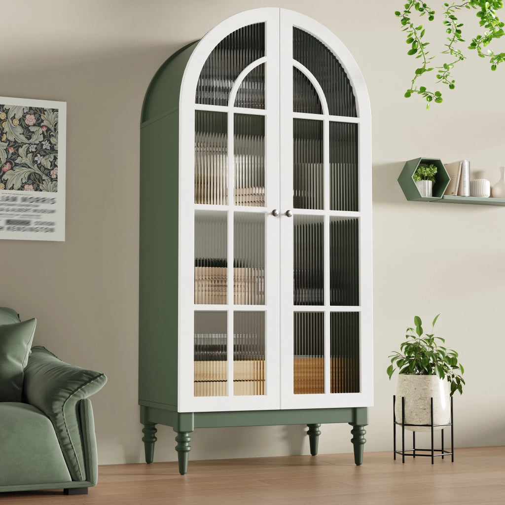 Vetrina ad arco con doppie ante in vetro rigato, 3 ripiani, MDF e metallo, verde, 76 × 38,5 × 165 cm