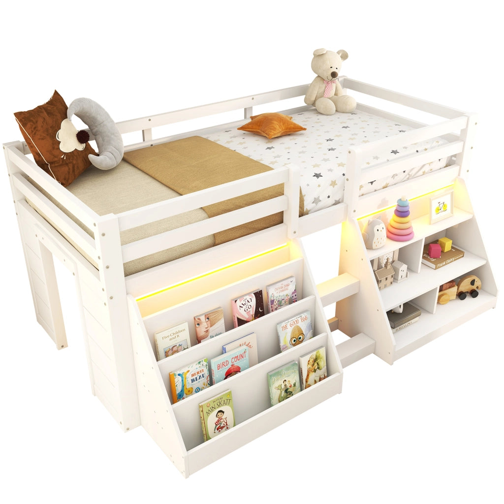 Letto a soppalco 90x200 cm con LED; contenitori aperti; scala e sponde; bianco