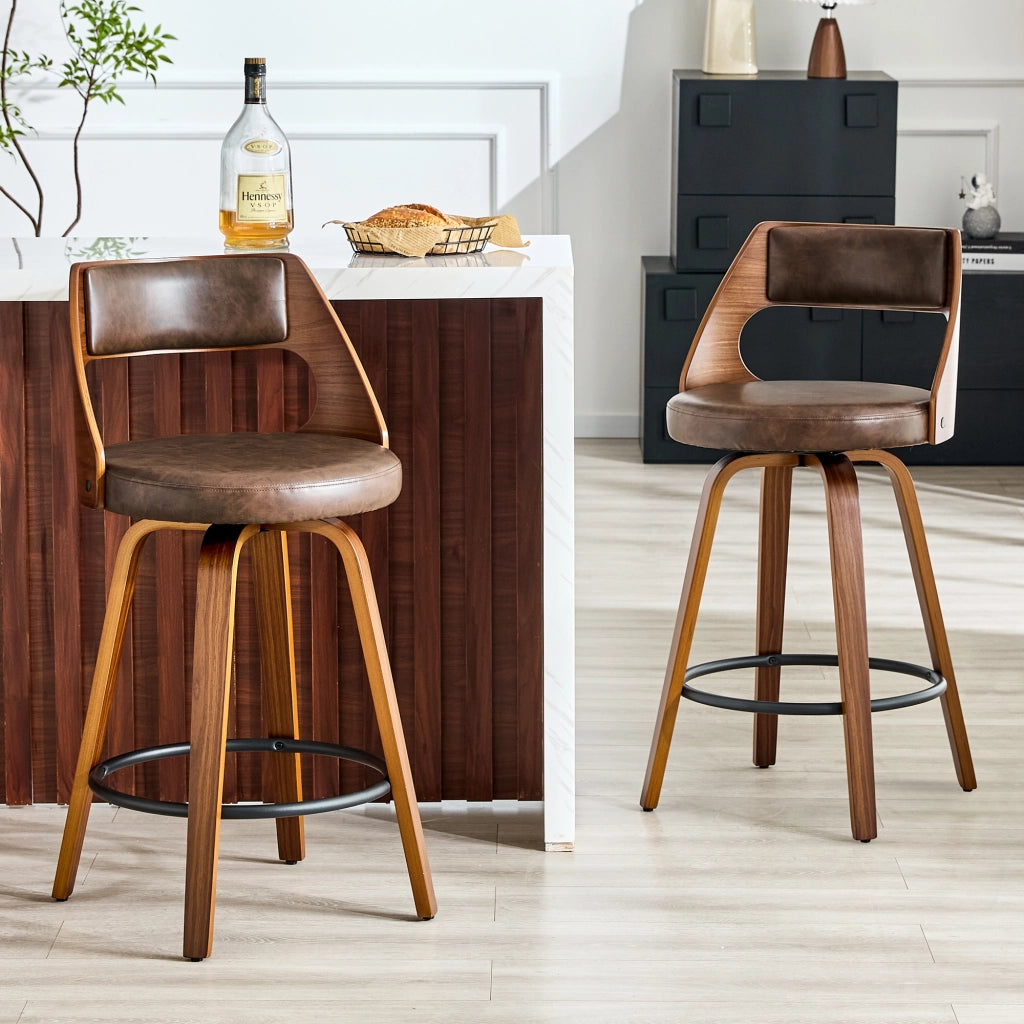 Sgabello da bar 2 pezzi con schienale in legno e rivestimento in PU, stile retrò per cucina e isola marrone