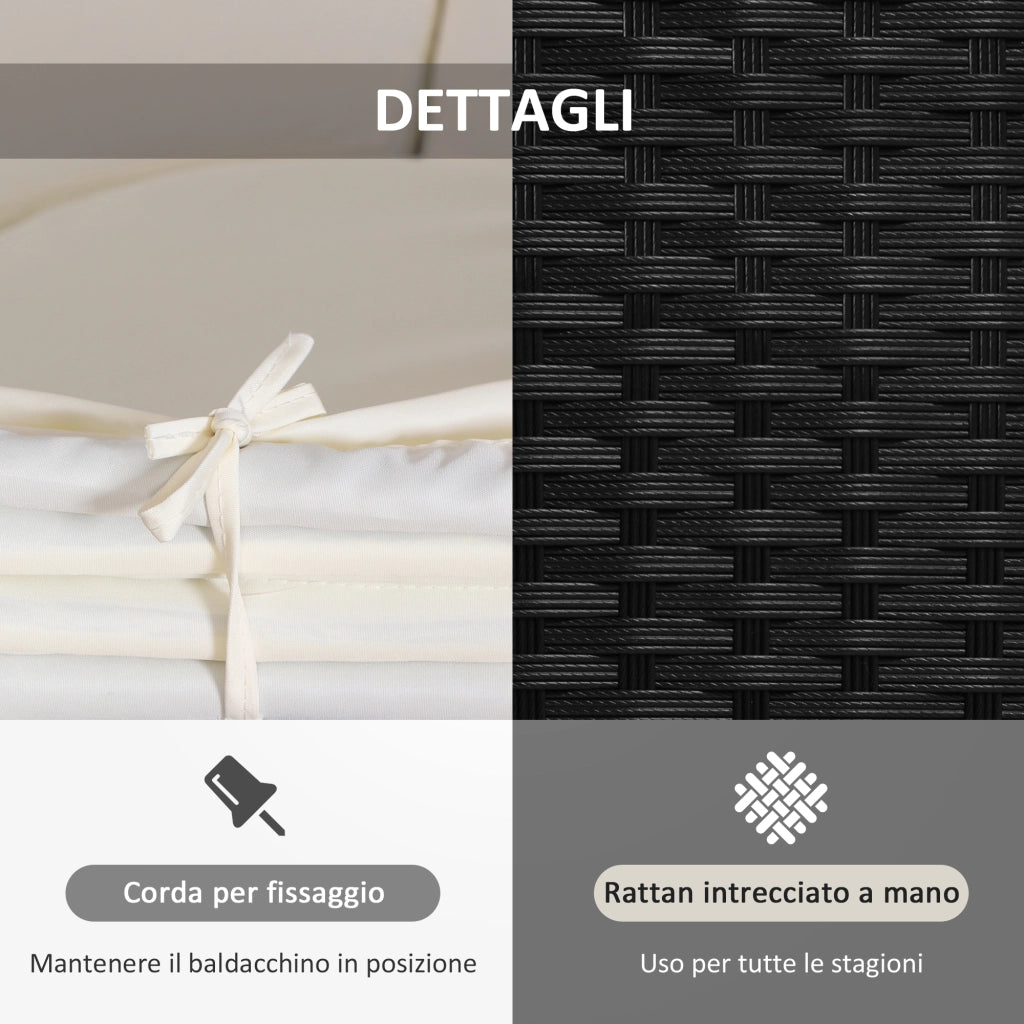 Set 4 Pzi Divano Circolare da Giardino, Mobili Componibili Rattan Nero, Tettuccio e Cuscini Beige 180x175x147cm