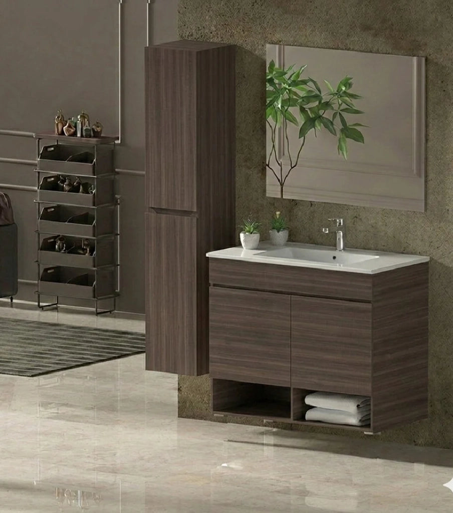 Mobile Bagno NEBARI Già Montato 2 portas, lavabo e specchio Frassino tea 80x40 cm con colonna