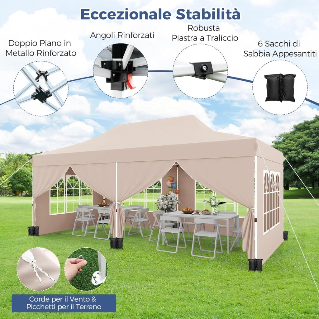 Gazebo da Giardino 3 x 6 m, Tendone per Feste con 6 Pannelli Laterali Rimovibili, con Borsa da Trasporto, Design Pop-up, per Matrimonio Eventi e Barbecue (Beige)