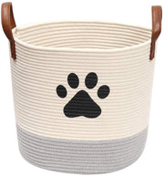 Cestino di stoccaggio rotondo in cotone, contenitore per giocattoli per cani con maniglione in pelle, cesto per lavaggio, spazio di stoccaggio per giocattoli, organizzatore (beige/grigio)