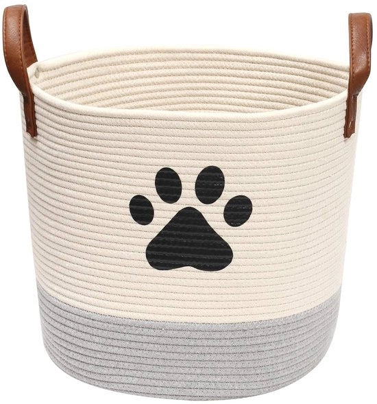 Cestino di stoccaggio rotondo in cotone, contenitore per giocattoli per cani con maniglione in pelle, cesto per lavaggio, spazio di stoccaggio per giocattoli, organizzatore (beige/grigio)