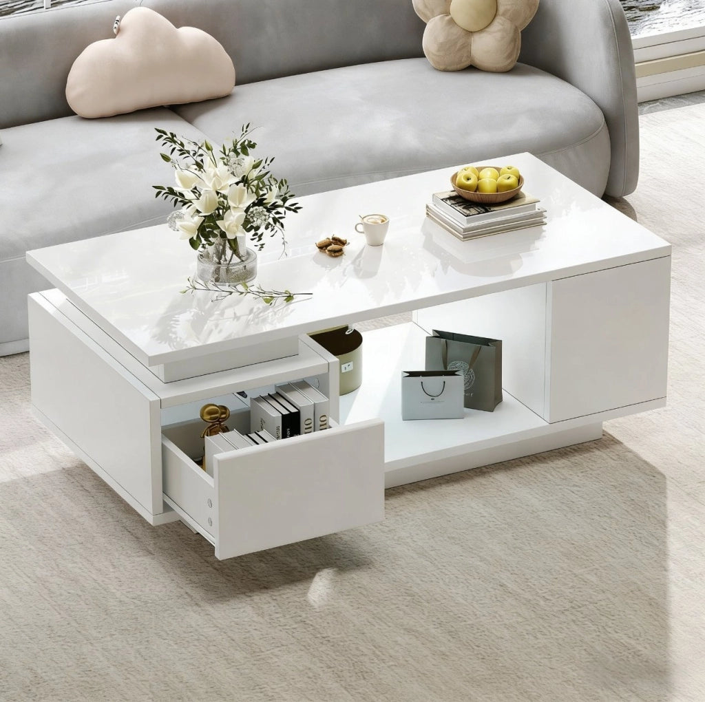 Tavolino da caffè 100x50x36 cm con cassetto; LED e finitura lucida; bianco