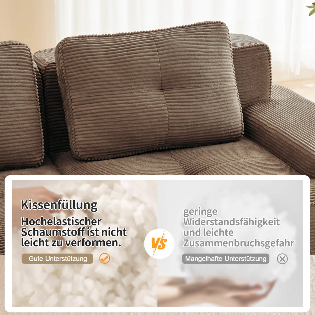 Divano modulare 4 posti con chaise longue a L 382x177x69 cm in corduroy marrone