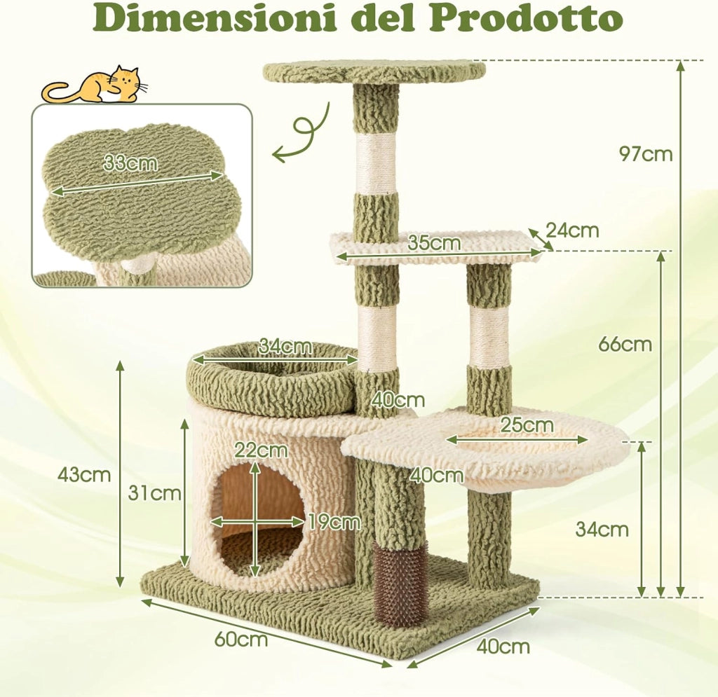Tiragraffi per Gatto Alto 100 cm, Albero Tiragraffi Gatto con 3 Pali in Sisal, 4 Piattaforme e Grotta, Cuccia Albero Gatto Rivestito in Peluche, Verde e Bianco