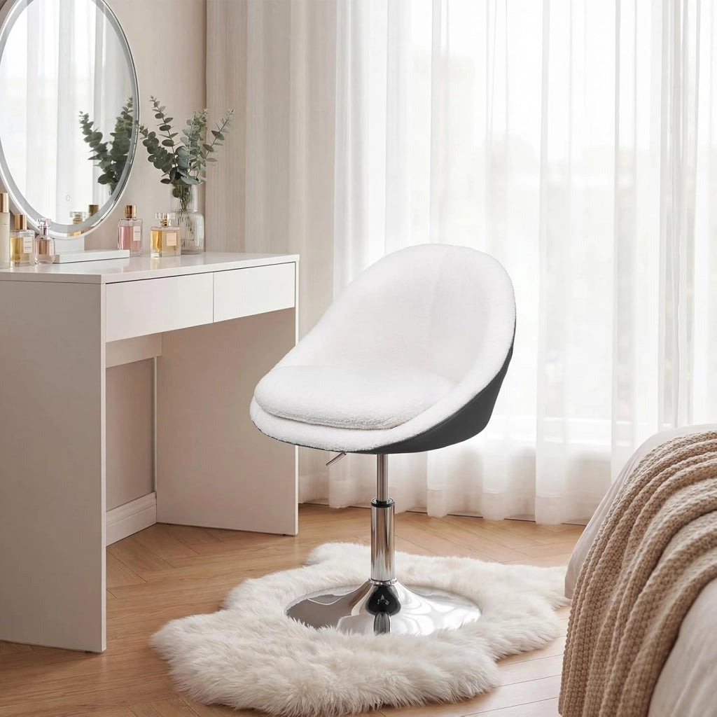 Sgabello per Toeletta Trucco con Schienale, Sedia Moderna Sala da Pranzo Girevole a 360°, Altezza Regolabile, in Tessuto Teddy e PU, per Camera da Letto, Ufficio Domestico, Bianco+Grigio