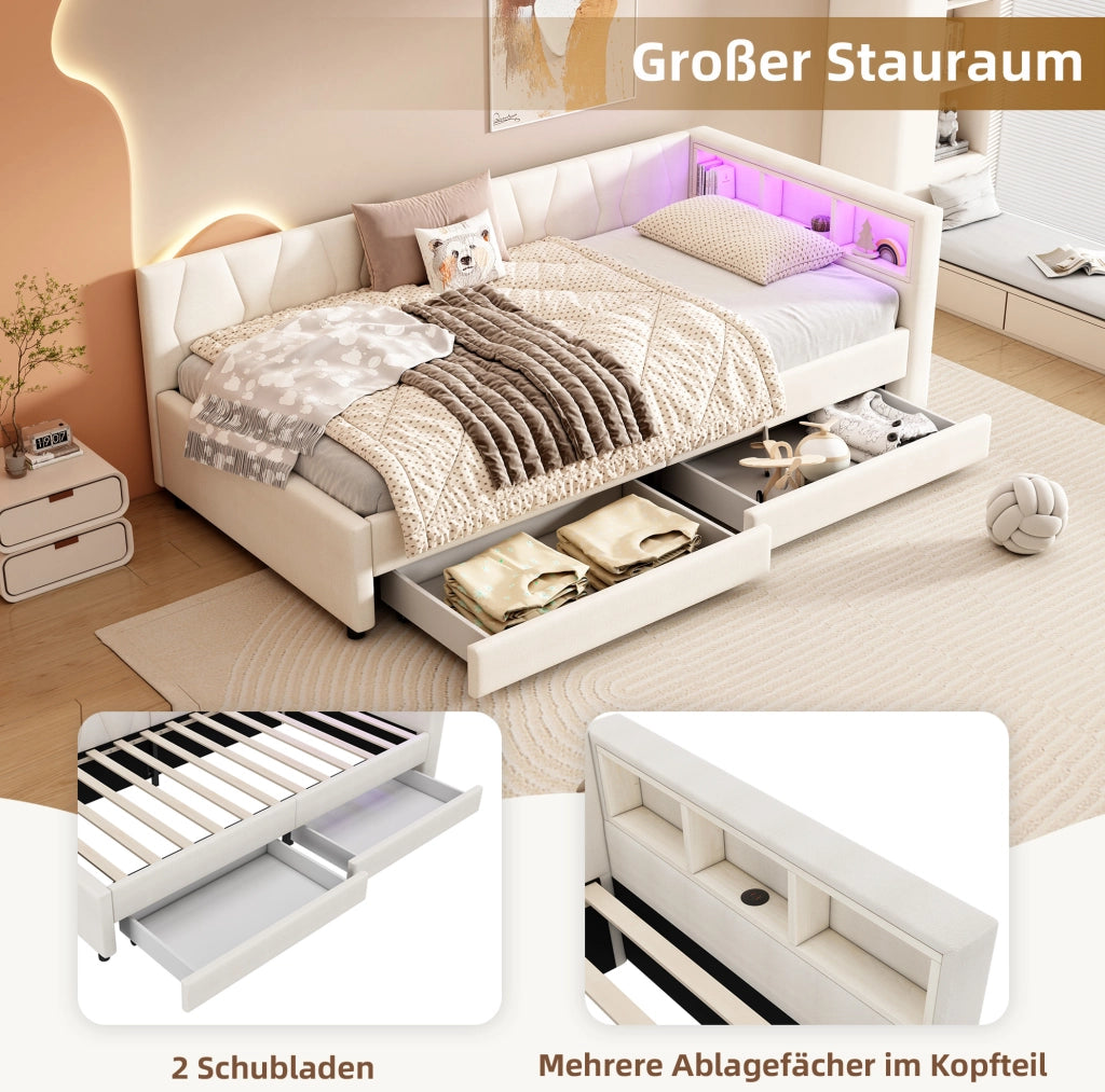 Letto daybed 90 x 200 cm in lino con LED, USB e cassetti