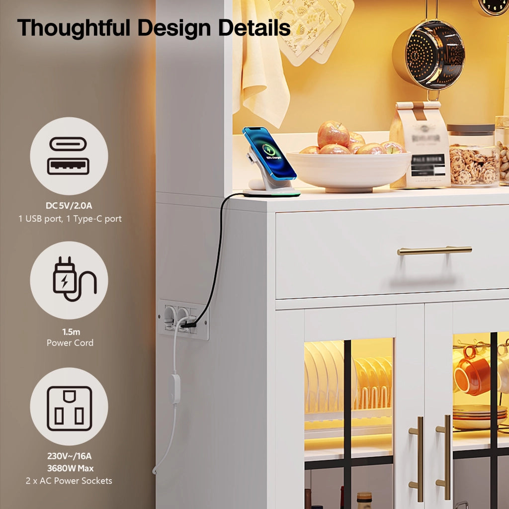 Credenza da cucina con 6 Ante; 2 Cassetti; Ripiani Regolabili e LED; Stile Rustico; in MDF; Bianco